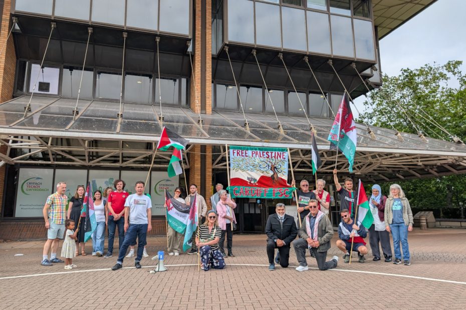 PSC Cardiff members outside the Cardiff Council building