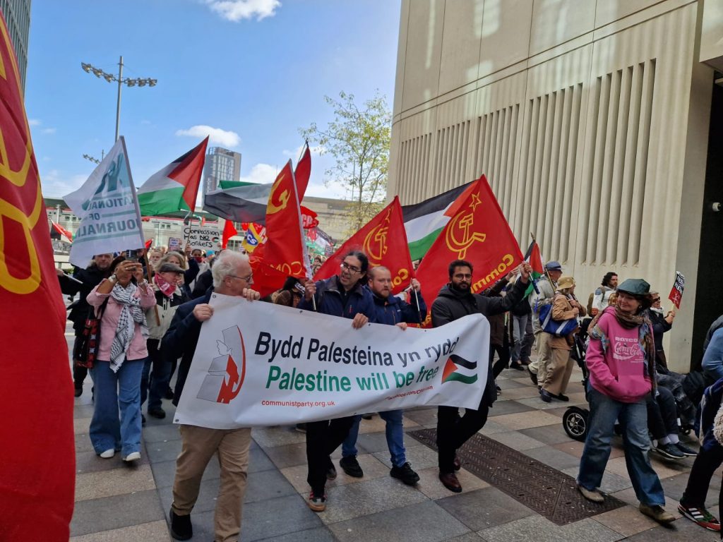 Communist Party members joining the pro-Palestine march on 4 October 2025 in Cardiff.