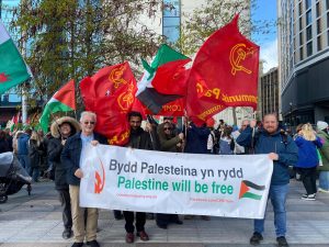 Communist Party members joining the pro-Palestine march on 4 October 2025 in Cardiff.