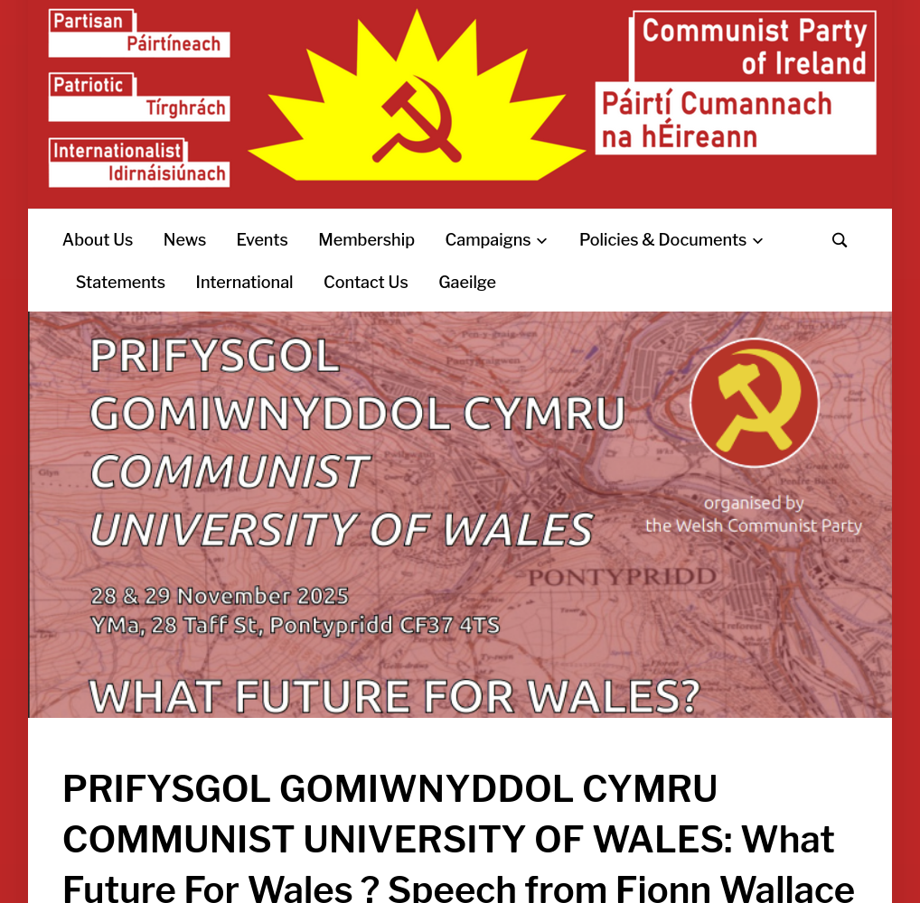 Screenshot of the Irish Communist Party webpage with Fionn Wallace's talk