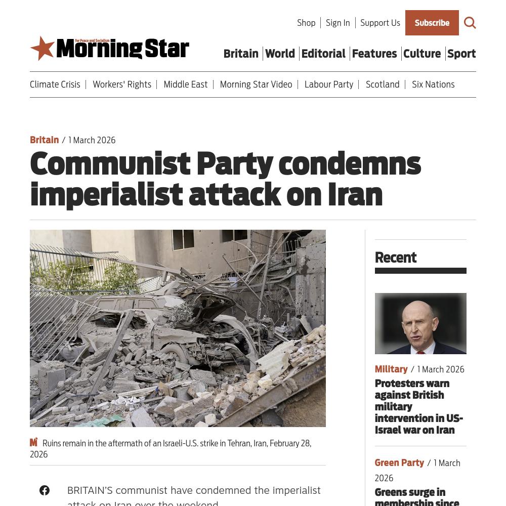 Morning Star story on Communist Party statement on attacks to Iran.