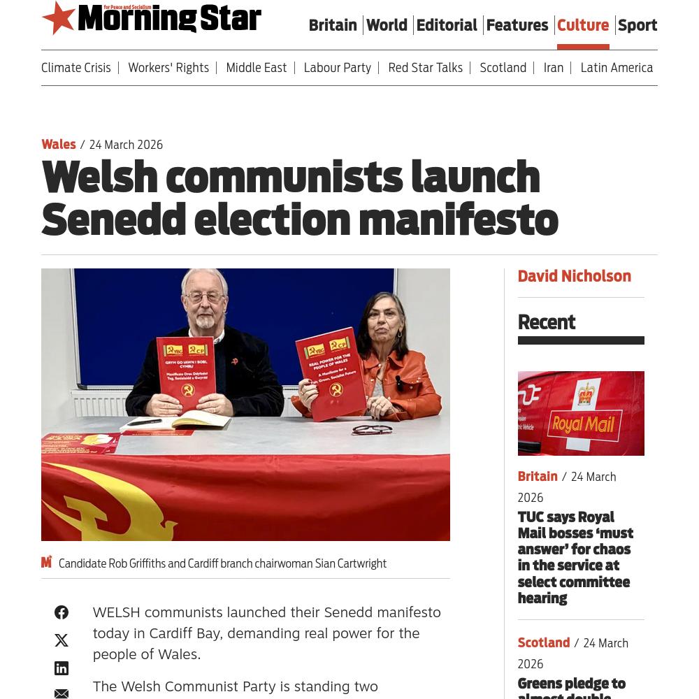 Morning Star coverage of Manifesto launch - Senedd Elections 2026