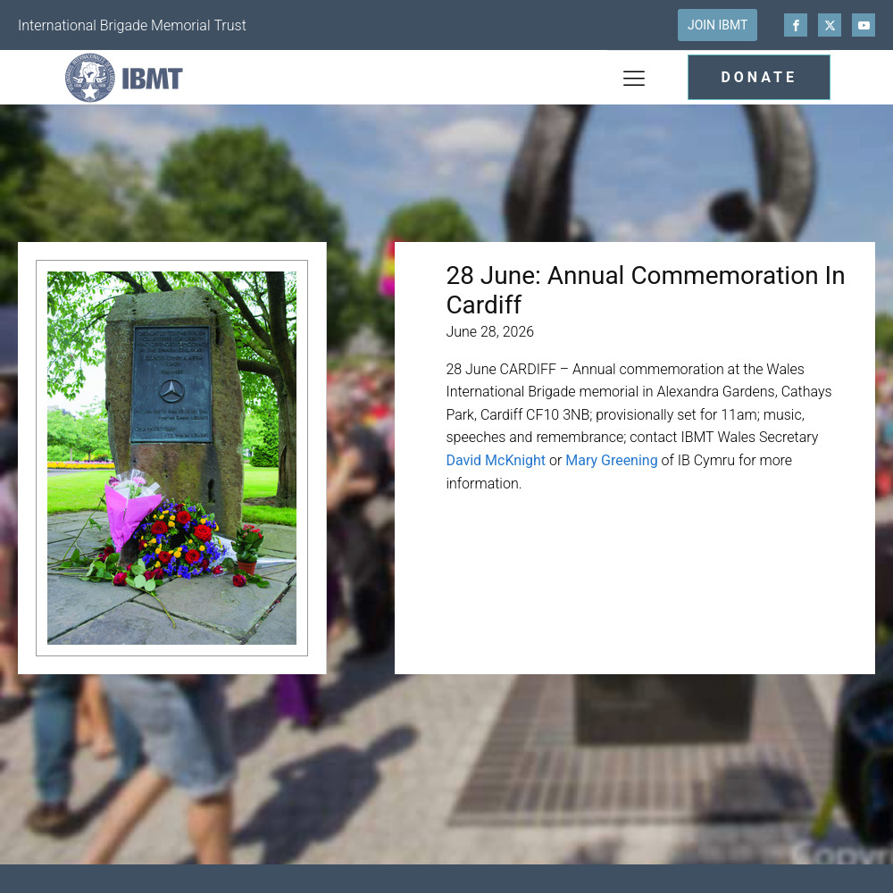 IBMT website screenshot - Cardiff commemoration announcement 2026