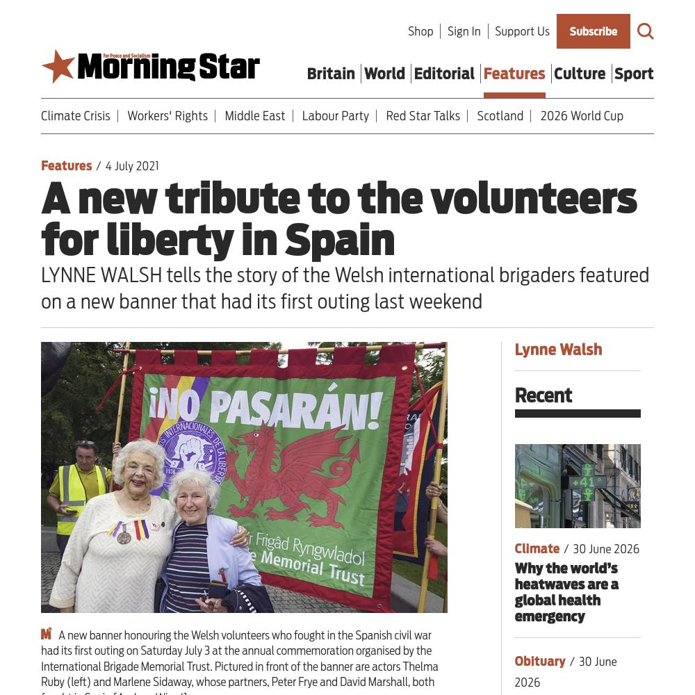 Screenshot from the Morning Star website featuring an article on the Welsh International Brigaders from 2021