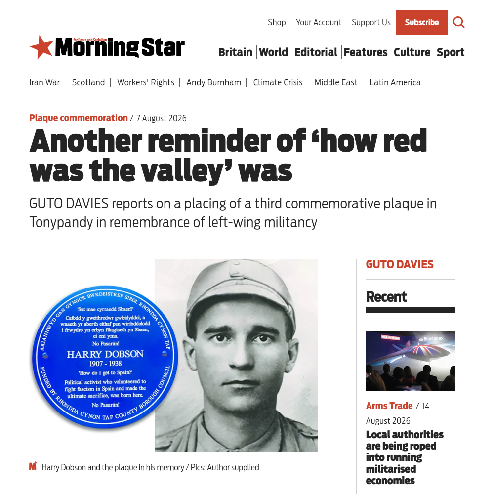 Screenshot of Morning Star article on Harry Dobson by Guto Davies