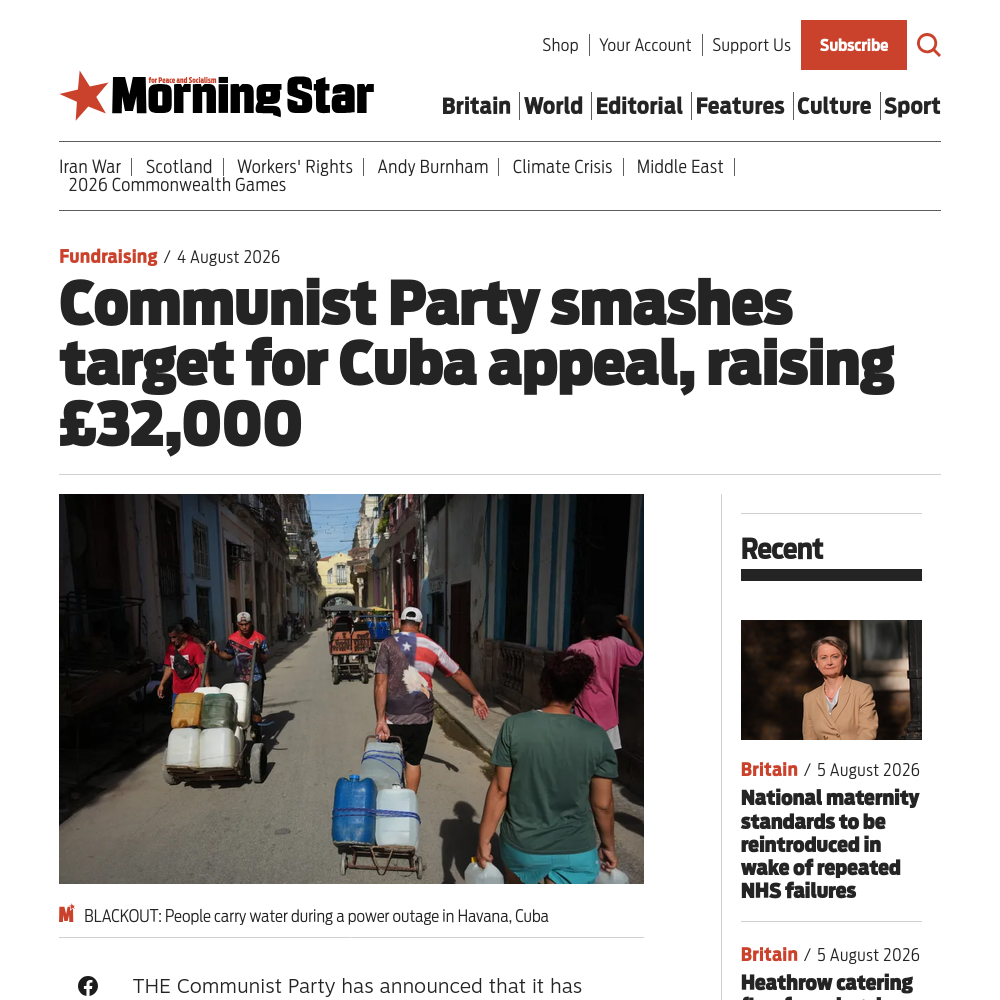 Morning Start article on CPB Cuba 26 Appeal