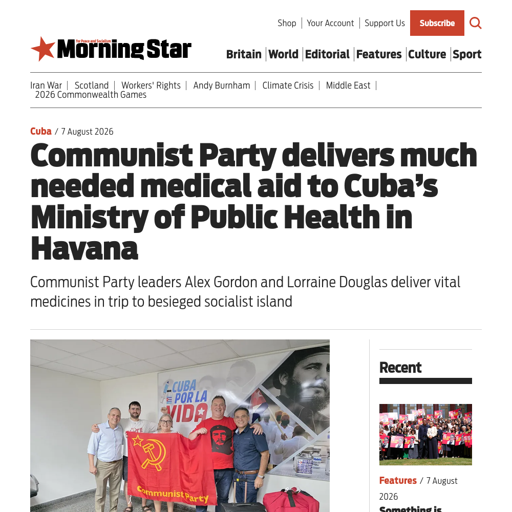 Morning Star screenshot of article with CPB delivering medicine to Cuba