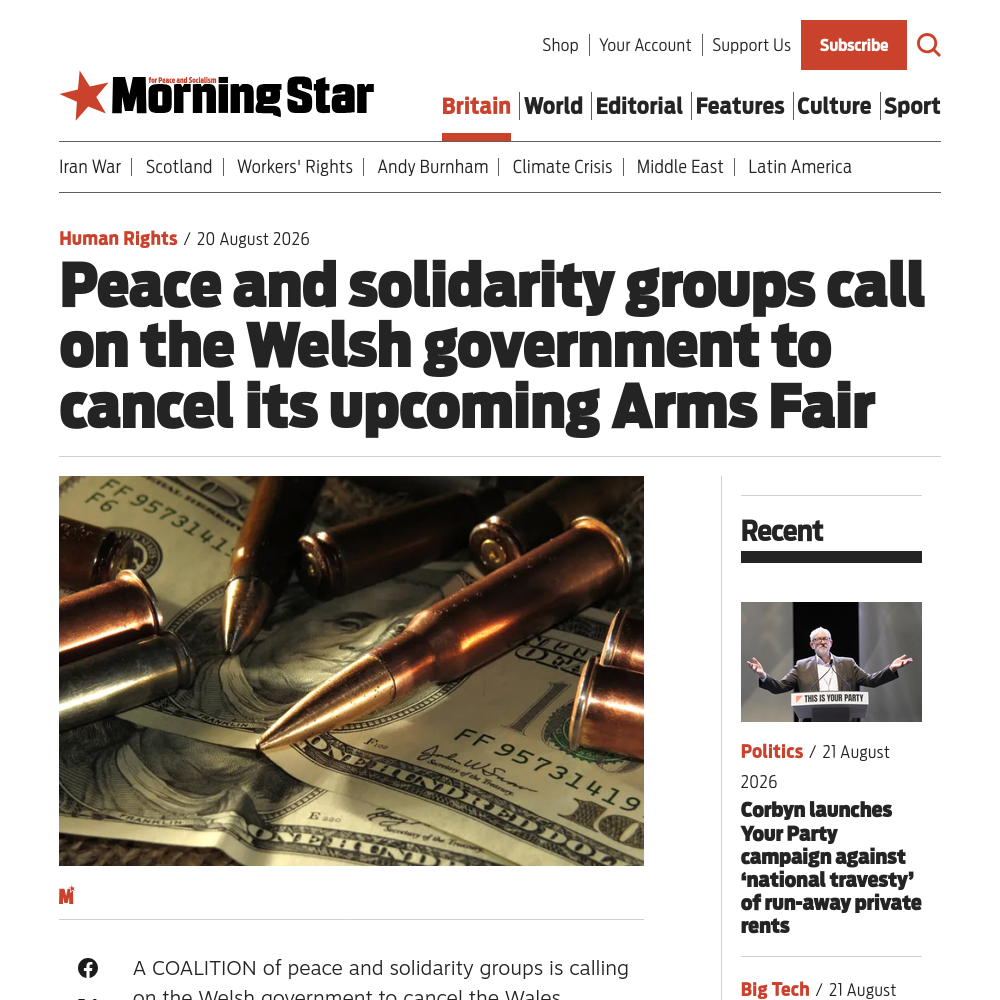 Screenshot of Morning Star article.